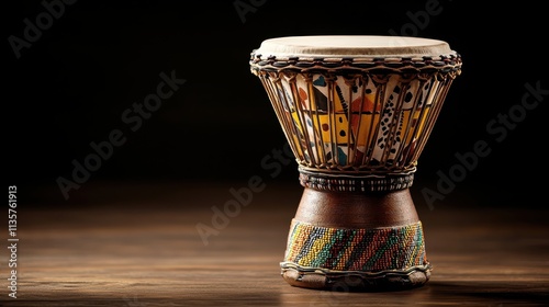 A traditional African drum with patterned fabric on its base photo