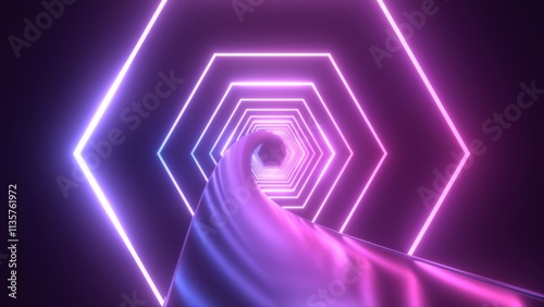 Twisted Futuristic Ultraviolet Neon Glowing Hexagon Laser Ring Tunnel - Abstract Background Texture