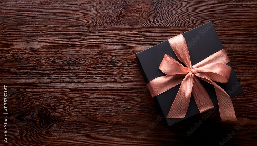 Black Gift Box with Rose Gold Ribbon on Wooden Background. Top View of Anniversary Gifts with Copy Space Black Gift Box with Rose Gold Ribbon on Wooden Background. Top View of Anniversary Gifts with Copy Space