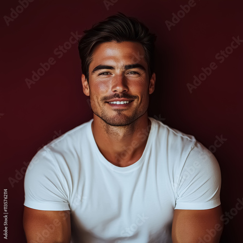 Handsome man with a beard, brunette, in a white T-shirt on a red background, close-up.