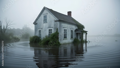 In a hauntingly serene scene, a worn, colonial-style house, its wooden siding weathered to a silvery grey, appears to defy gravity, floating tranquilly on the mirror-like surface of floodwaters, with 