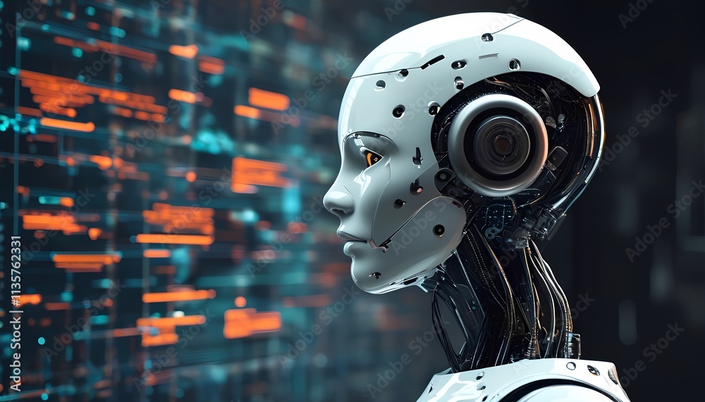 A humanoid robot with glowing red eyes, standing against a backdrop of digital code. The image symbolizes the rise of artificial intelligence and its potential impact on the future. A humanoid robot with glowing red eyes, standing against a backdrop of digital code. The image symbolizes the rise of artificial intelligence and its potential impact on the future.