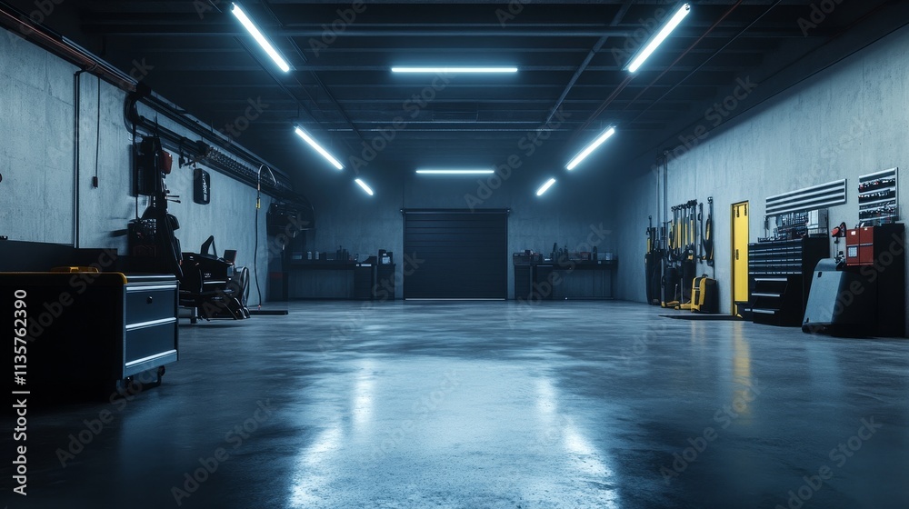 A spacious, well-lit garage with tool and equipment for automotive or industrial work. A spacious, well-lit garage with tool and equipment for automotive or industrial work.