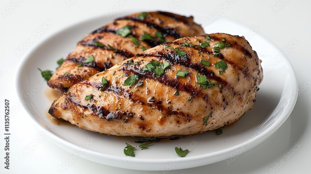 A grilled chicken breast garnished with herbs. A grilled chicken breast garnished with herbs.