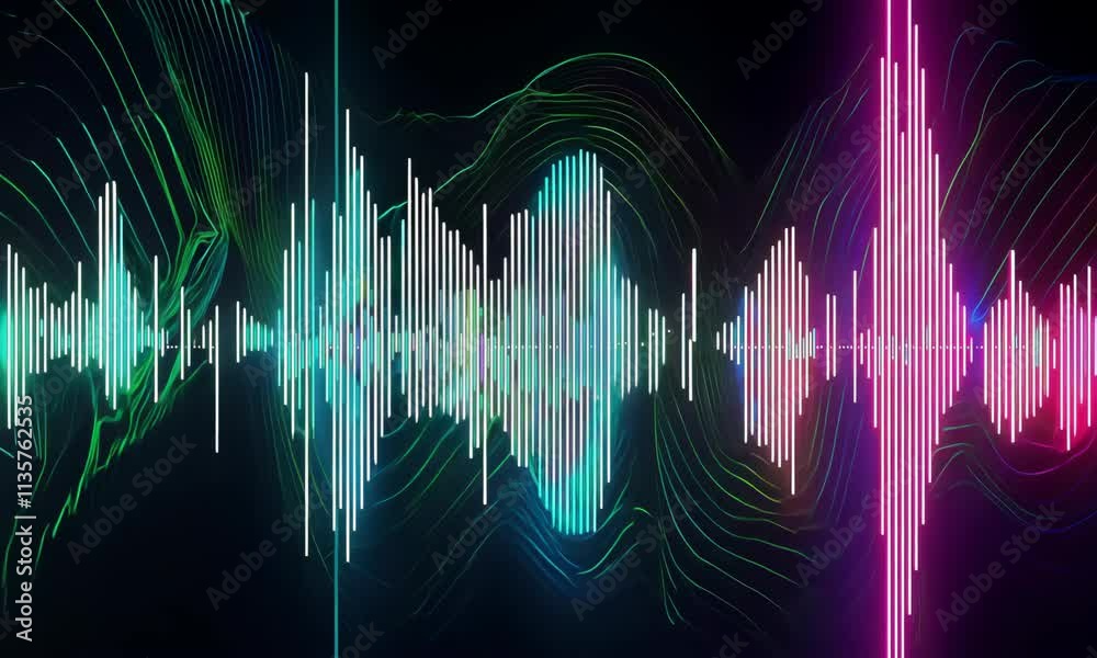 Abstract colorful audio or sound wave background illustration. Music frequency curve line, digital radio signal spectrum, voice equalizer effect, volume waveform element