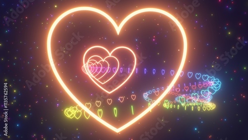 Twisty Convoluted Rainbow Neon Glow Heart Tunnel With Sparkle Stars - Abstract Background Texture