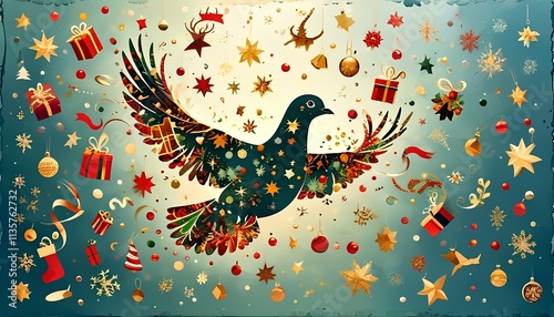 A festive Christmas scene featuring a dove adorned with stars, surrounded by gifts, ornaments, and musical notes. The vintage-inspired artwork evokes a sense of peace and joy. - Generative AI photo