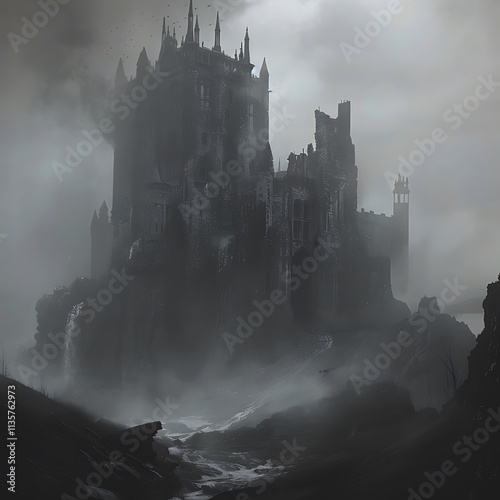 Mysterious castle emerging from fog haunted location fantasy artwork eerie atmosphere dark viewpoint photo