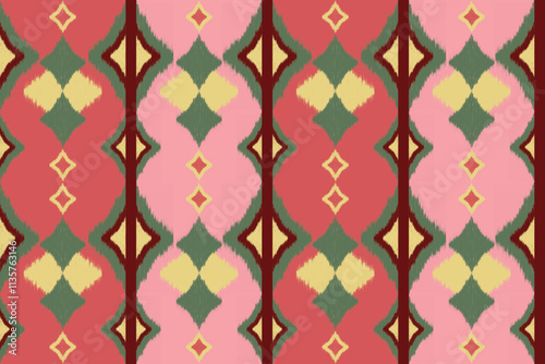 Ikat seamless pattern, Pink tone  geometric design, motif ethnic handmade, Illustration for greeting cards, printing ethnic tribal, boho colors seamless wallpaper. Ethnic Ikat abstract background art