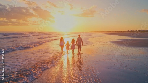 A family of four walking hand-in-hand along the beach during sunset, enjoying quality time together.