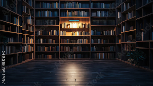 Modern library interior with hidden door and bookshelf