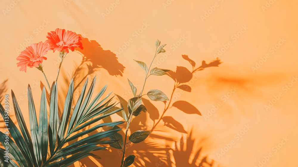 Naklejka premium Bright flowers and leaves casting shadows on an orange wall during daylight