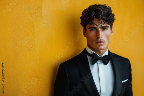 Wallpaper Mural Male model posing in tuxedo and white shirt with bow tie on yellow background, close-up. Torontodigital.ca