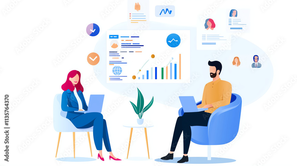 Business people meeting in the office. Vector illustration in a flat style Business people meeting in the office. Vector illustration in a flat style