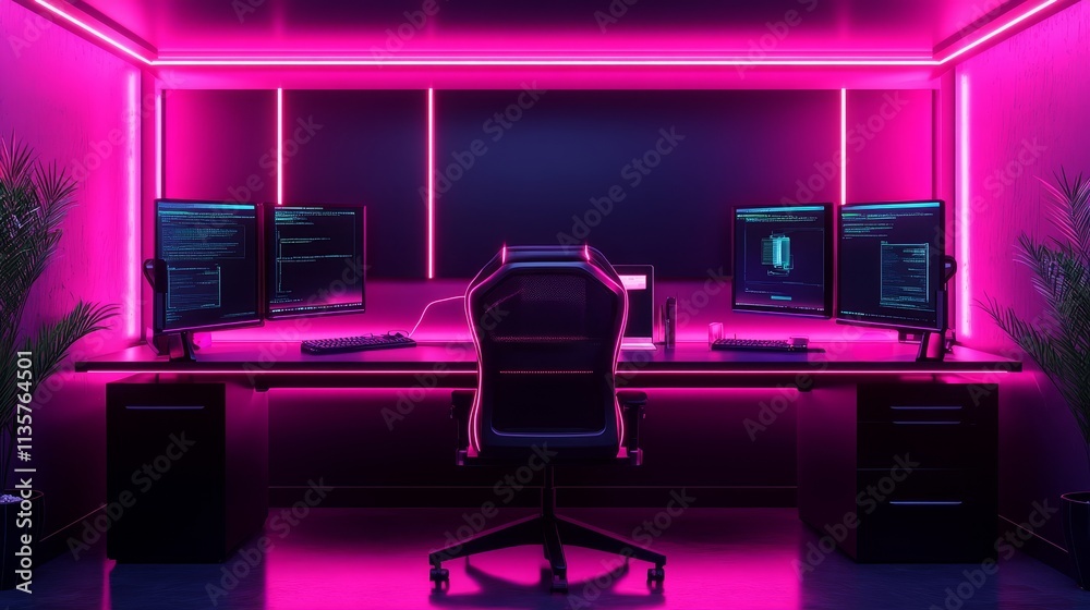 A modern gaming or workstation setup with multiple monitor and vibrant neon lighting. A modern gaming or workstation setup with multiple monitor and vibrant neon lighting.