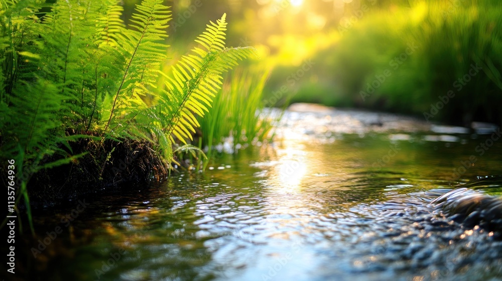 Lush green ferns beside a sunlit stream Lush green ferns beside a sunlit stream
