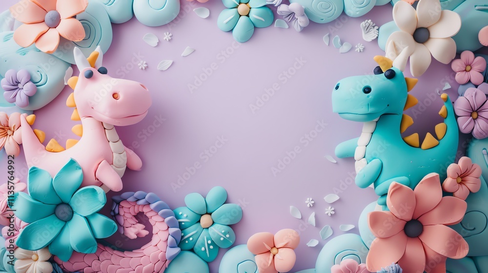 Obraz premium A pink and blue dinosaur made of clay surrounded by flowers on a purple background.