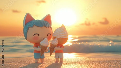 Romantic 3D render of cateared girl and dogeared boy sharing ice cream on beach at sunset soft pastel palette serene ambiance photo