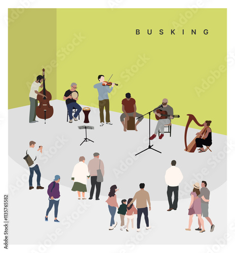 Street busking and people watching performances. 길거리 버스킹과 구경하는 사람들. 