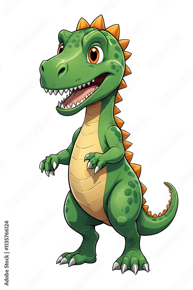 Fototapeta premium A smiling green-brown dinosaur in a white scene.