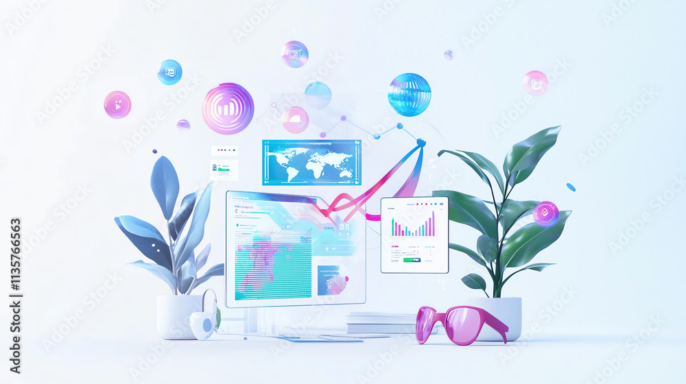 Modern workplace with computer and social media icons on white background. 3D rendering Modern workplace with computer and social media icons on white background. 3D rendering
