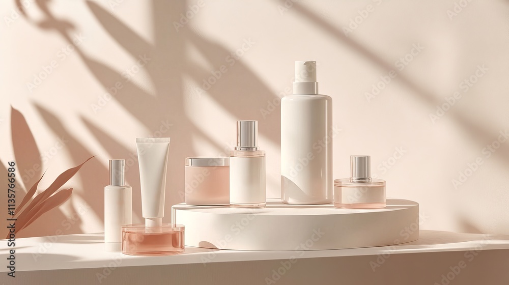 A serene arrangement of skincare products on a minimalist display, highlighting beauty and wellness. A serene arrangement of skincare products on a minimalist display, highlighting beauty and wellness.