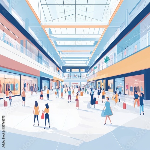 A vibrant shopping mall with diverse shoppers and modern architecture.