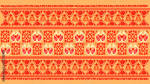 tribal pattern ( Assamese pattern ) of northeast India which is used for textile design in Assam Gamosa , muga silk or other traditional dress. similar to Ukrainian pattern or Russian pattern.