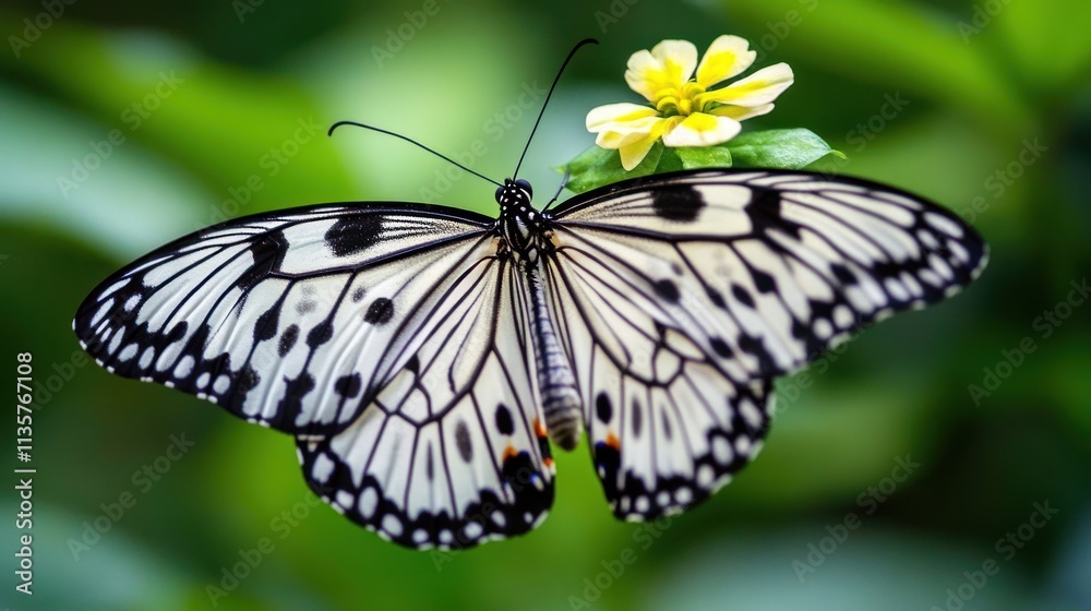 Naklejka premium Elegant Black And White Butterfly On Yellow Flower