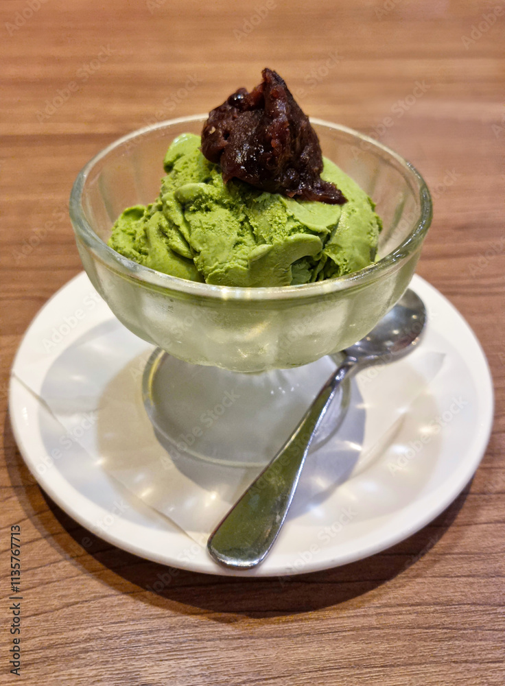 A cup of green matcha ice cream with red bean#2 A cup of green matcha ice cream with red bean#2