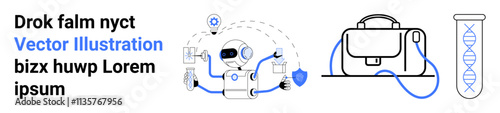 Robot thinking with graphical elements, business briefcase, DNA helix in test tube. Ideal for technology, business, science, healthcare, education, research, innovation. Landing page