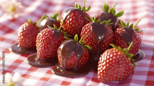 Whimsical 3D render of chocolatedipped strawberries on pink tablecloth photo