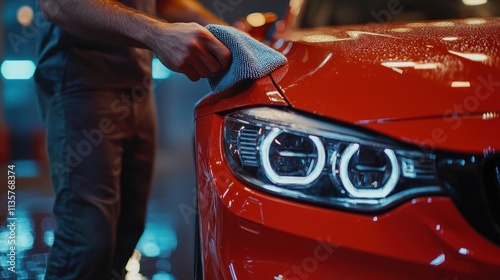 Man Cleaning Red Sports Car