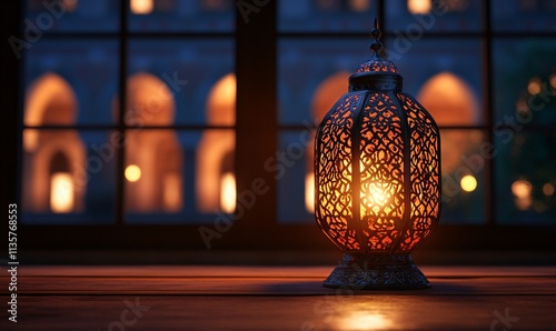 Intricate Metal Lantern Glowing Warmly at Night on Wooden Table photo