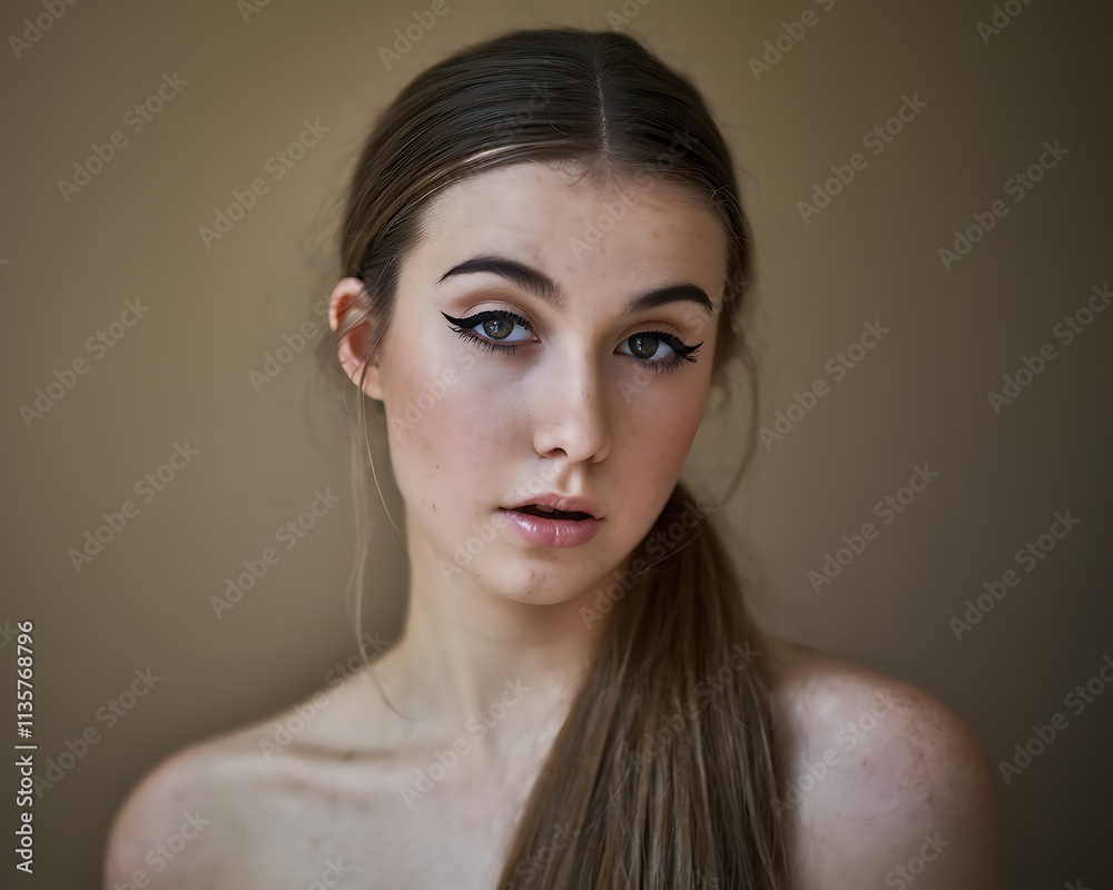 portrait of a woman, A close-up of a young woman with brunette hair in a ponytail, natural freckles, and minimal makeup, including winged eyeliner and soft lip color portrait of a woman, A close-up of a young woman with brunette hair in a ponytail, natural freckles, and minimal makeup, including winged eyeliner and soft lip color