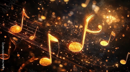 Notas musicales doradas brillando en un fondo abstracto con destellos de luz y partículas doradas