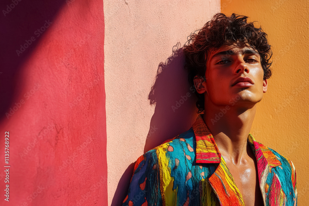 Fototapeta premium Handsome man model stands near pink wall, light background.