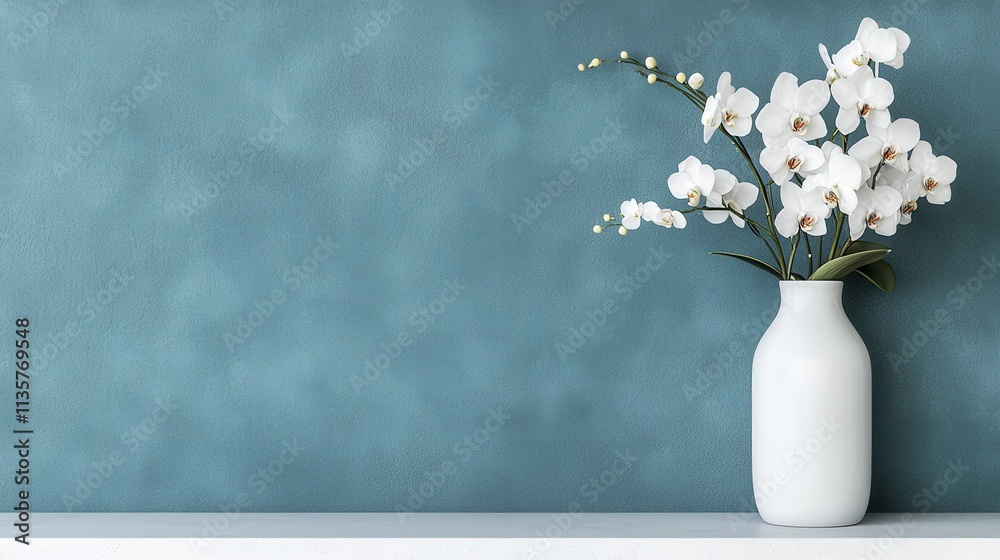 Serene White Orchids in a Modern White Vase Against a Teal Wall Serene White Orchids in a Modern White Vase Against a Teal Wall