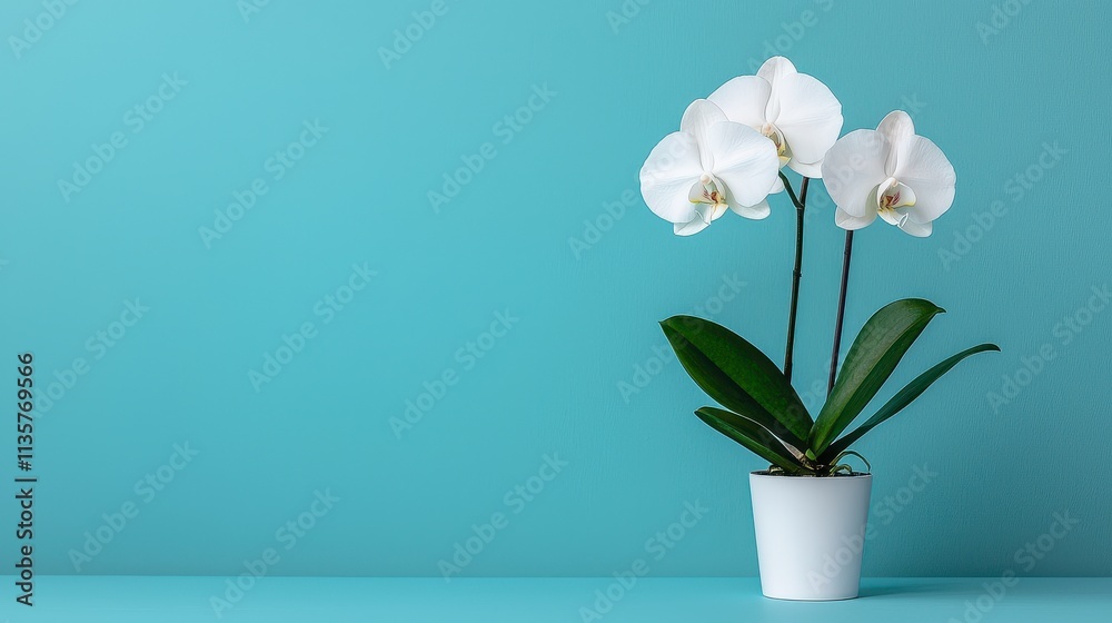 Serene White Orchid in Teal Pot, Minimalist Still Life Serene White Orchid in Teal Pot, Minimalist Still Life