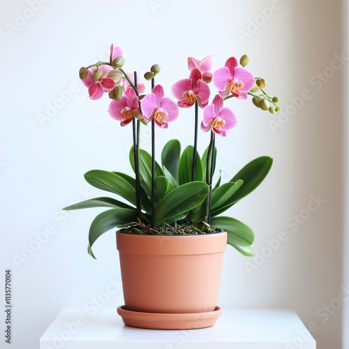 Pink Orchid Plant in Terracotta Pot on White Table