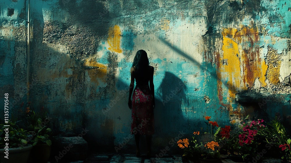 Obraz premium Woman in Dress, Back View, Urban Wall, Flowers