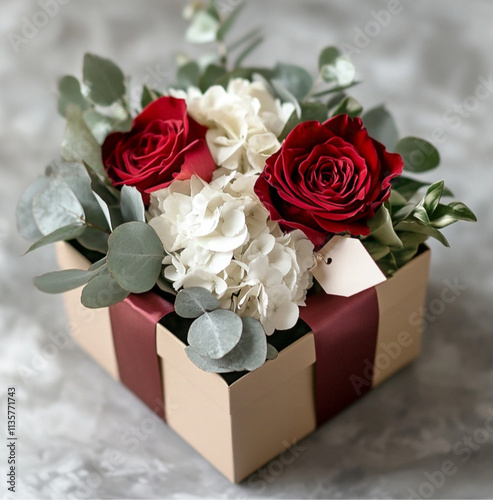 A luxurious floral gift box filled with classic red roses, white hydrangeas, and sprigs of eucalyptus, elegantly wrapped with a satin ribbon and a small gift tag. against a soft grey background with w photo