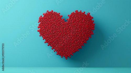 Red heart-shaped puzzle against a turquoise background symbolizing love, connection, and unity for romantic or conceptual themes.