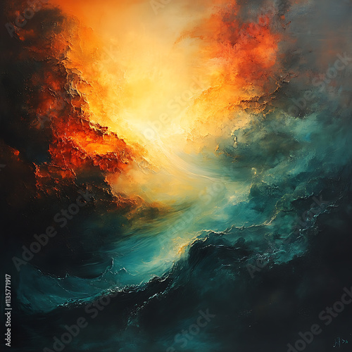 Dramatic Abstract Painting Inspired by Travel, Depicting Fiery Skies and Turbulent Waters, Perfect for Evoking Emotion and Adventure in Any Setting or Design