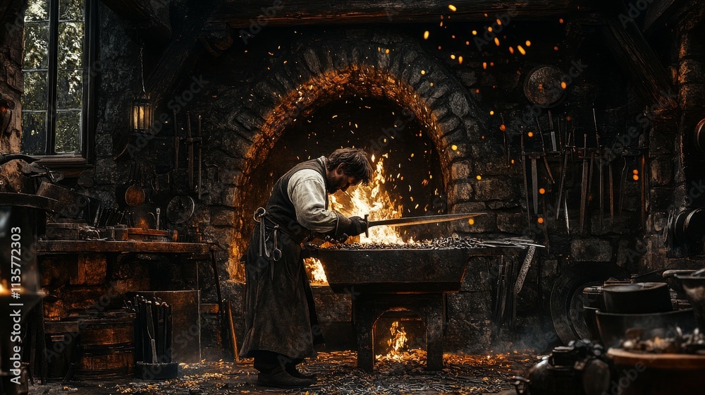 Fototapeta premium blacksmith forging, traditional workshop, weapon crafting, molten metal, ancient craftsmanship