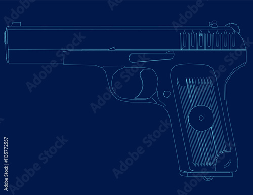 Gun Colt 1911. Contour of a pistol isolated on a blue background. Vector illustration