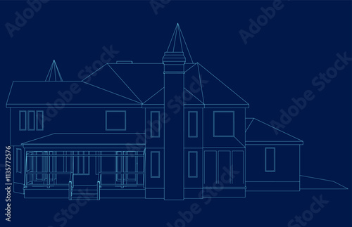 line drawing luxury house building. Contour Home architecture property isolated concept. Vector illustration on blue background