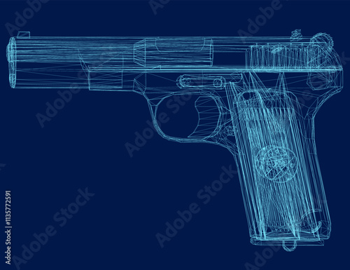 Gun Colt 1911. Wireframe of a pistol isolated on a blue background. 3D. Vector illustration