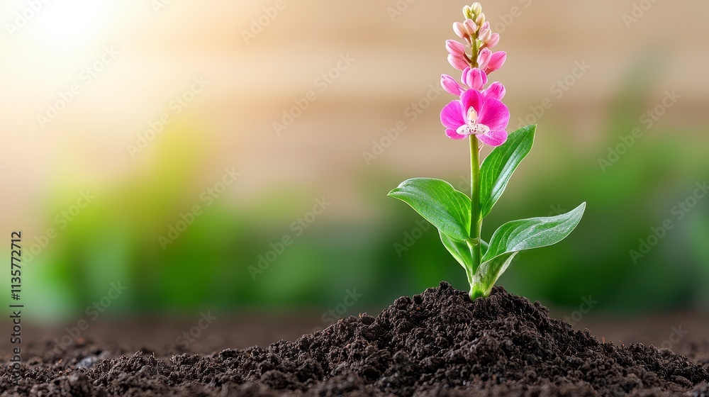 Blooming Orchid Sprout in Rich Soil, Nature's Growth Blooming Orchid Sprout in Rich Soil, Nature's Growth