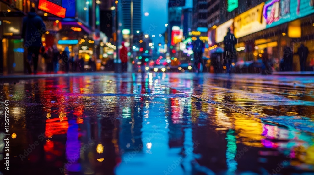 Naklejka premium cityscape at night, neon lights, wet streets, urban reflection, nighttime glow